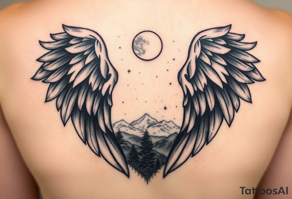 Night sky with constellation, stars & moon seen from a frame of natural landscape angel wings spiritual tattoo idea