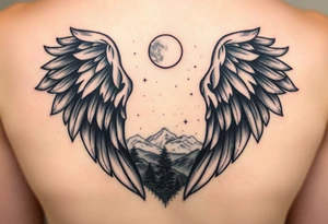 Night sky with constellation, stars  & moon seen from a frame of natural landscape angel wings spiritual tattoo idea