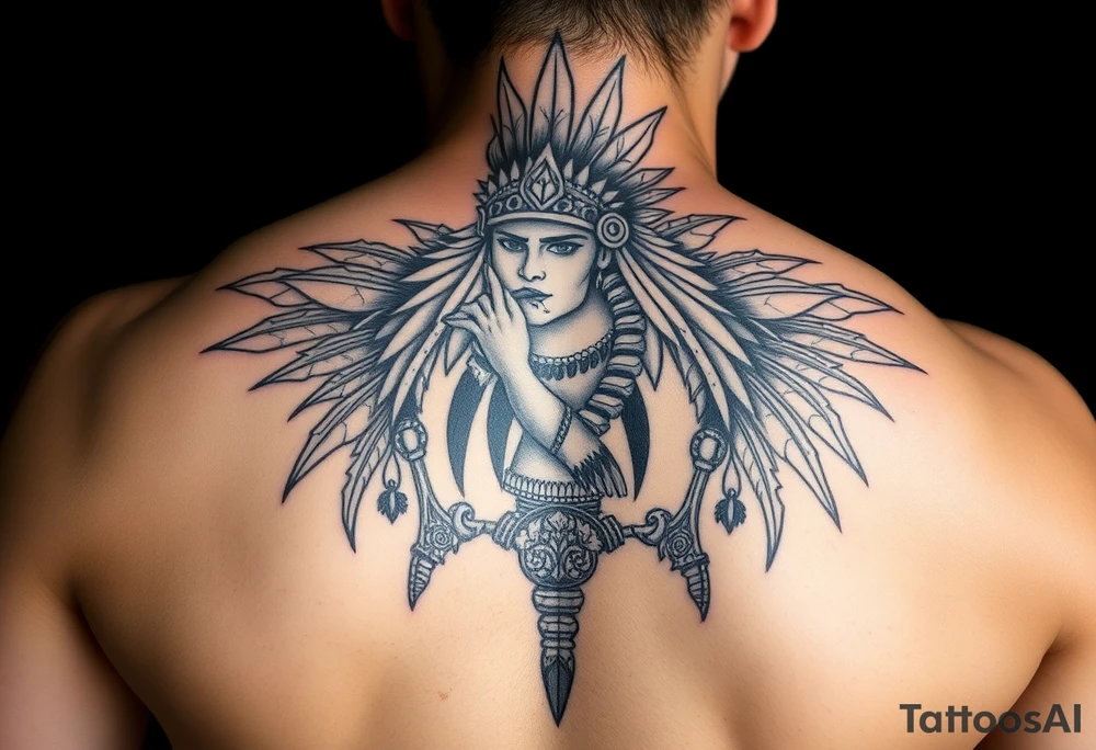 Purepecha warrior surrounded by purepecha symbols with hidden hummingbird tattoo idea