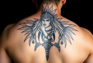 Purepecha warrior surrounded by purepecha symbols with hidden hummingbird tattoo idea