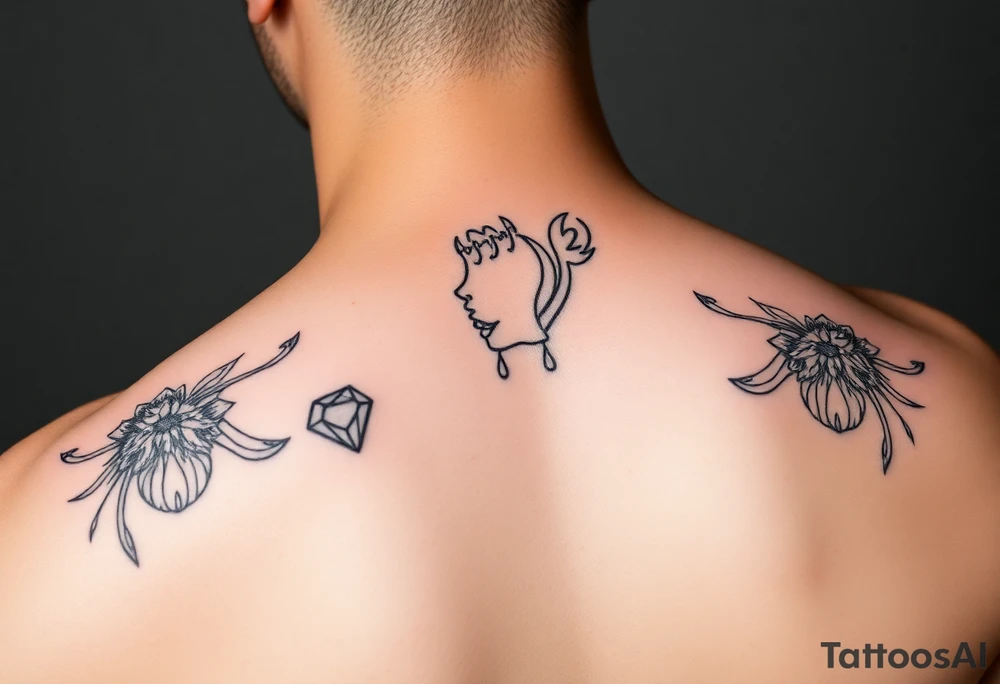Small girl line art with a ruby and 7-6-19 tattoo idea