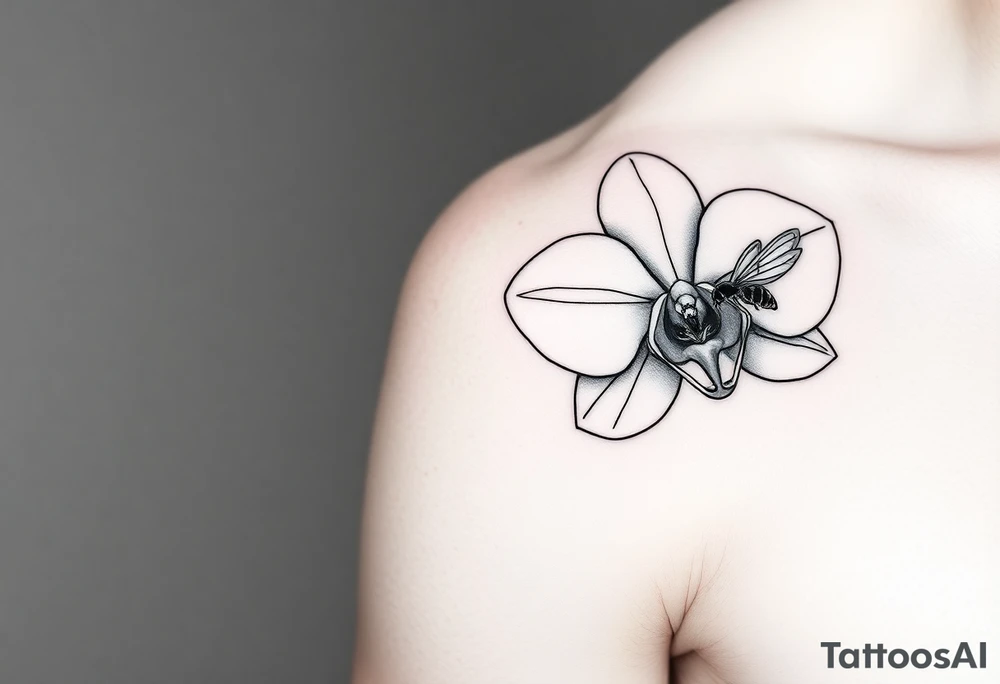 A delicate, black and white fine-line tattoo for male, featuring gracefully detailed 2 orchids in full bloom including their stems, with soft, intricate petals and elegant curves. Beside it, a hummingbird hovers mid-flight, its wings drawn with subtle motion lines, its slender beak reaching toward the orchid’s center to drink its nectar. on the other flower there is a bee that is resting tattoo idea