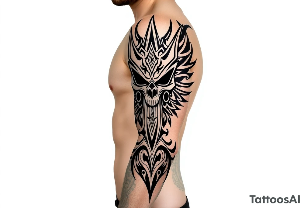The Fiend top center piece of sleeve with Polynesian tribal design surrounding covering up old tattoo tattoo idea