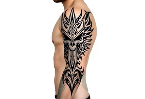 The Fiend top center piece of sleeve with Polynesian tribal design surrounding covering up old tattoo tattoo idea