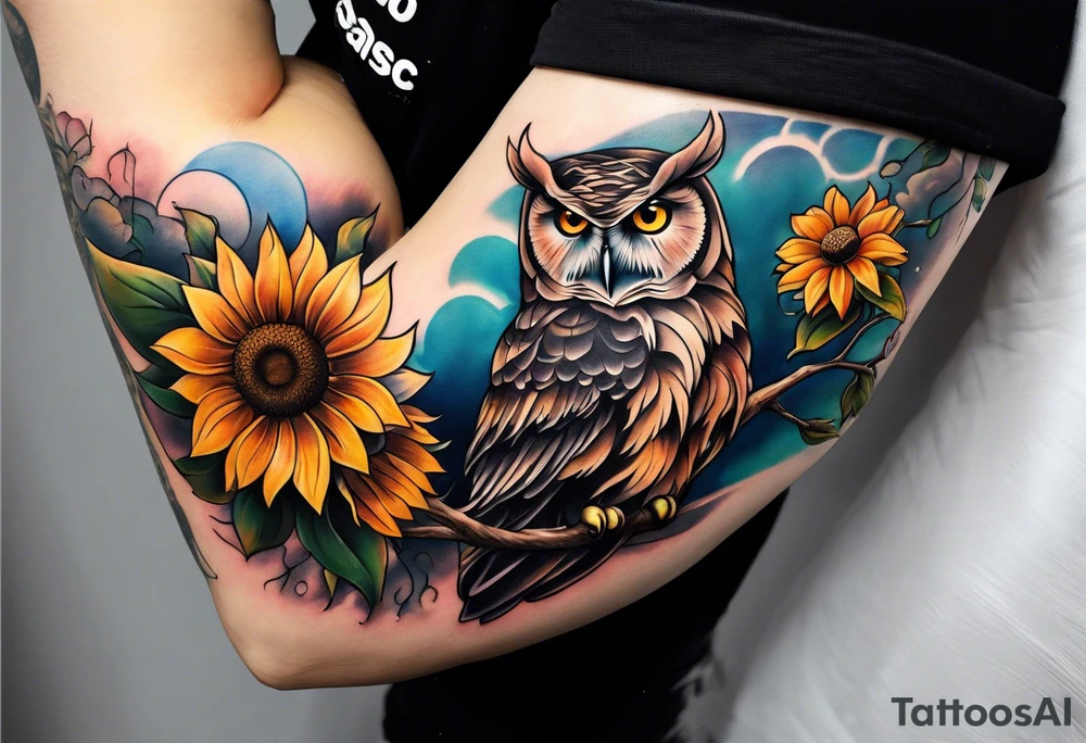 Sleeve with an owl, sunflower and butterfly tattoo idea