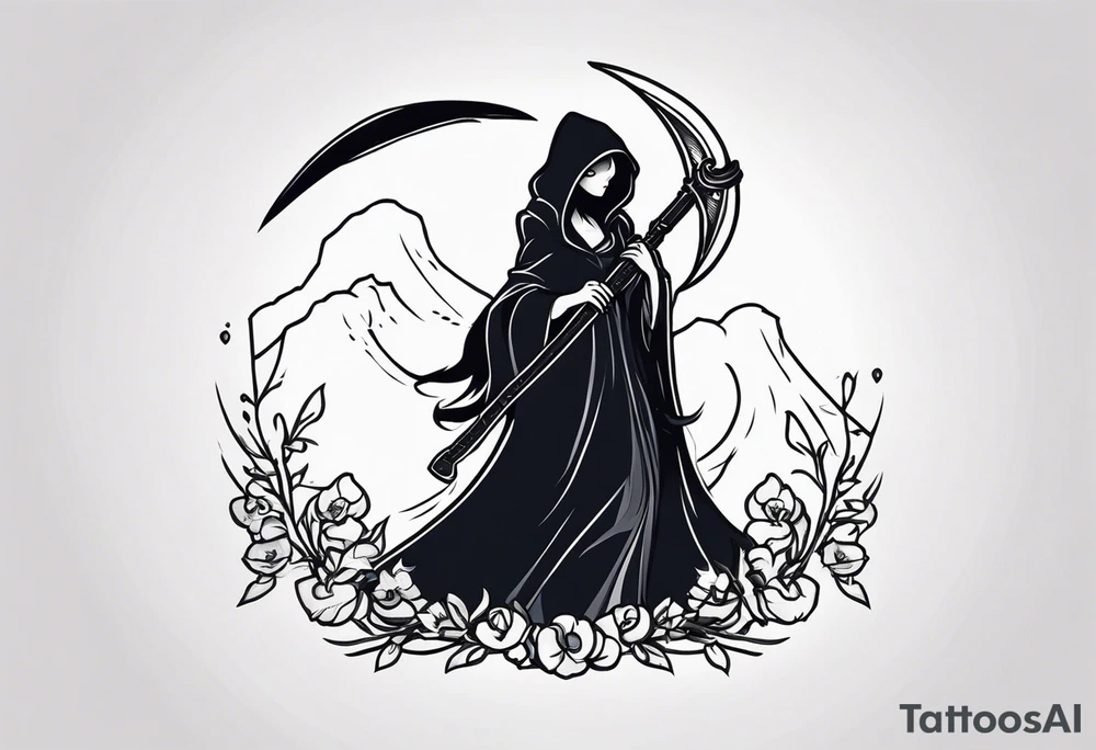 cute feminine grim reaper with scythe and nightshade tattoo idea