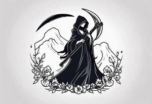 cute feminine grim reaper with scythe and nightshade tattoo idea