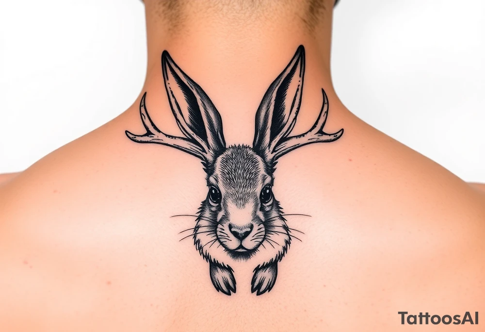 abstract jack rabbit with antlers coming out from its head, between the ears tattoo idea