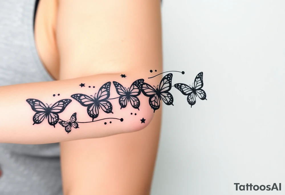 Six different butterflies streaming down arm with six kids names Aden, Aninna, Novaih, Rayla, Jayla, Teresa tattoo idea
