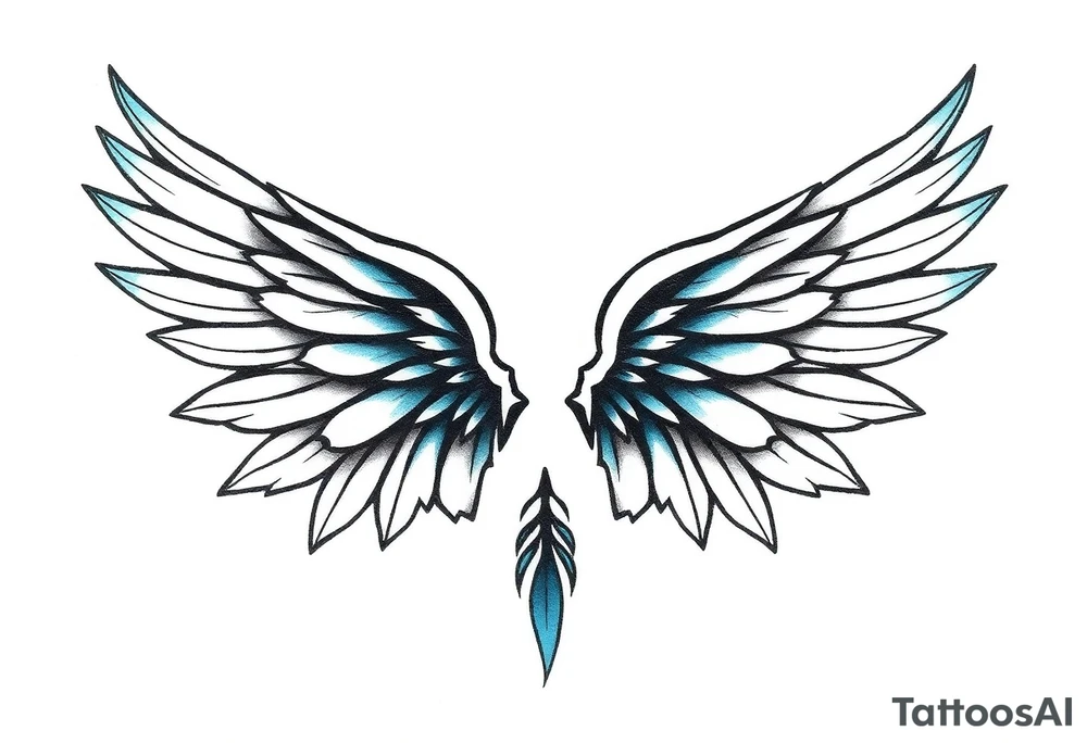 A minimalist wings tattoo that represents a shattered and betrayed gemini woman who fought hard throughout this year. With colors blue and black. Make it unique and rare. Without leaves and stem. tattoo idea