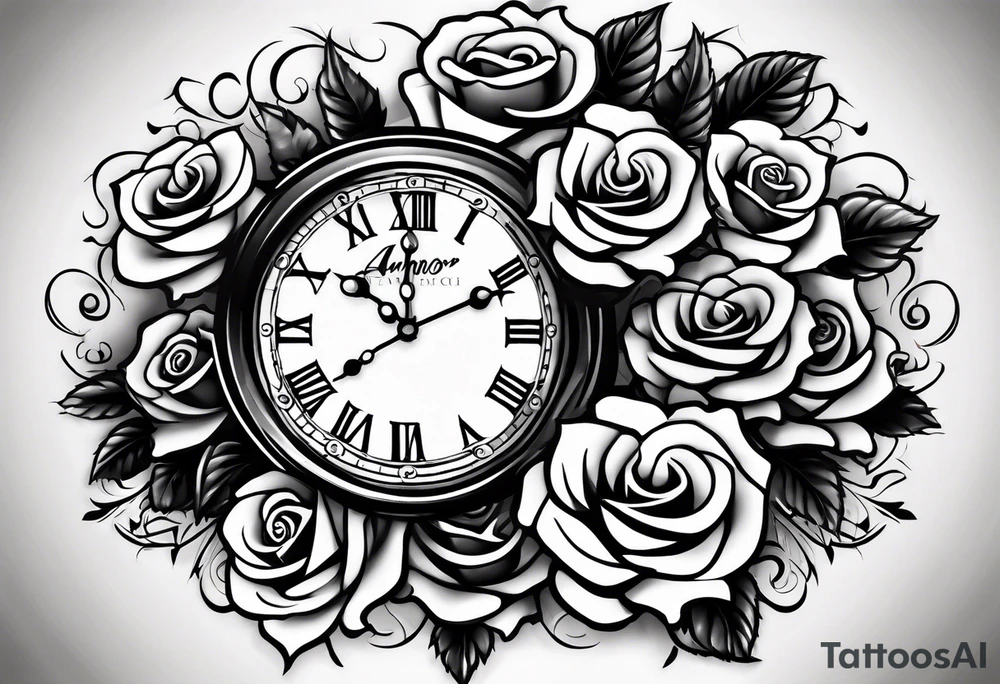 Clock with roses on shoulder/bicep going into roses with the word amor on forearm tattoo idea