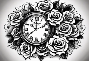 Clock with roses on shoulder/bicep going into roses with the word amor on forearm tattoo idea