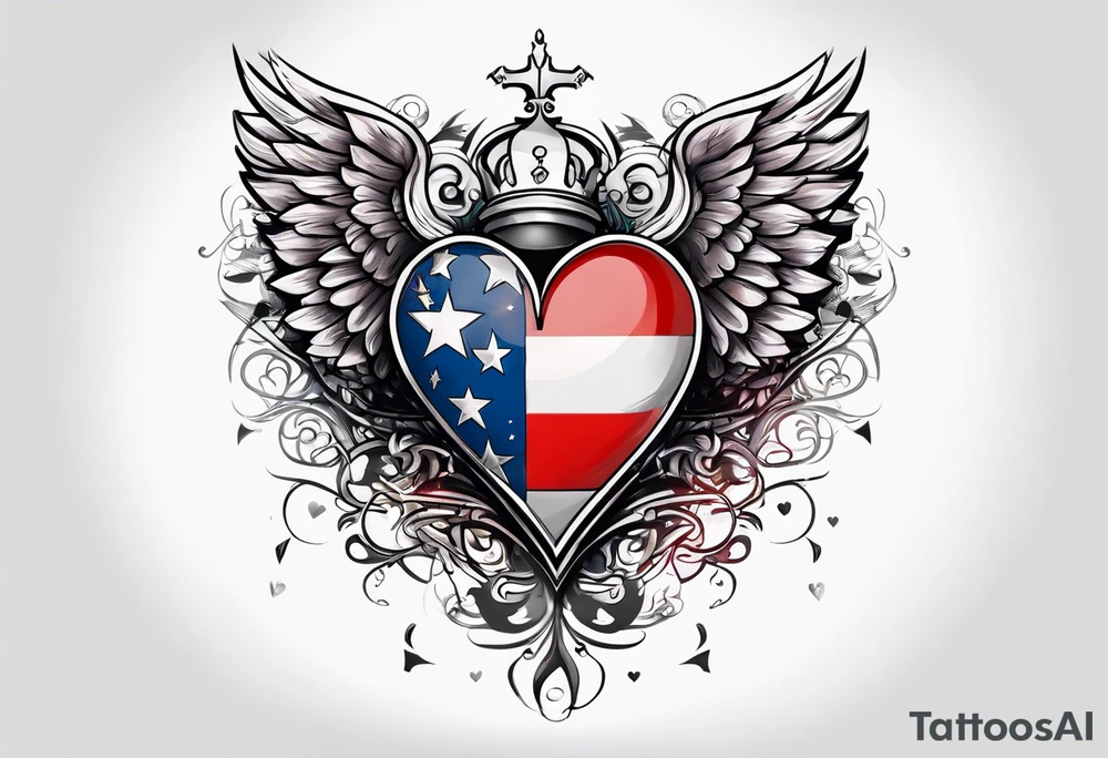Flag inside of a heart with wings tattoo idea