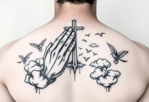 Praying hands , hope faith love , cross , birds , clouds , god strongest child tattoo idea