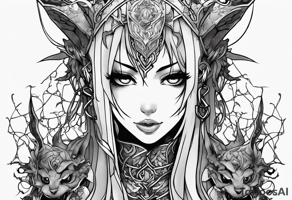 2 dimensional art of a bleeding anime girl surrounded by an asian gargoyle and barbed wire tattoo idea