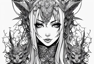 2 dimensional art of a bleeding anime girl surrounded by an asian gargoyle and barbed wire tattoo idea