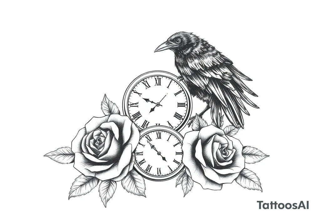 raven,roses,clock. tattoo idea