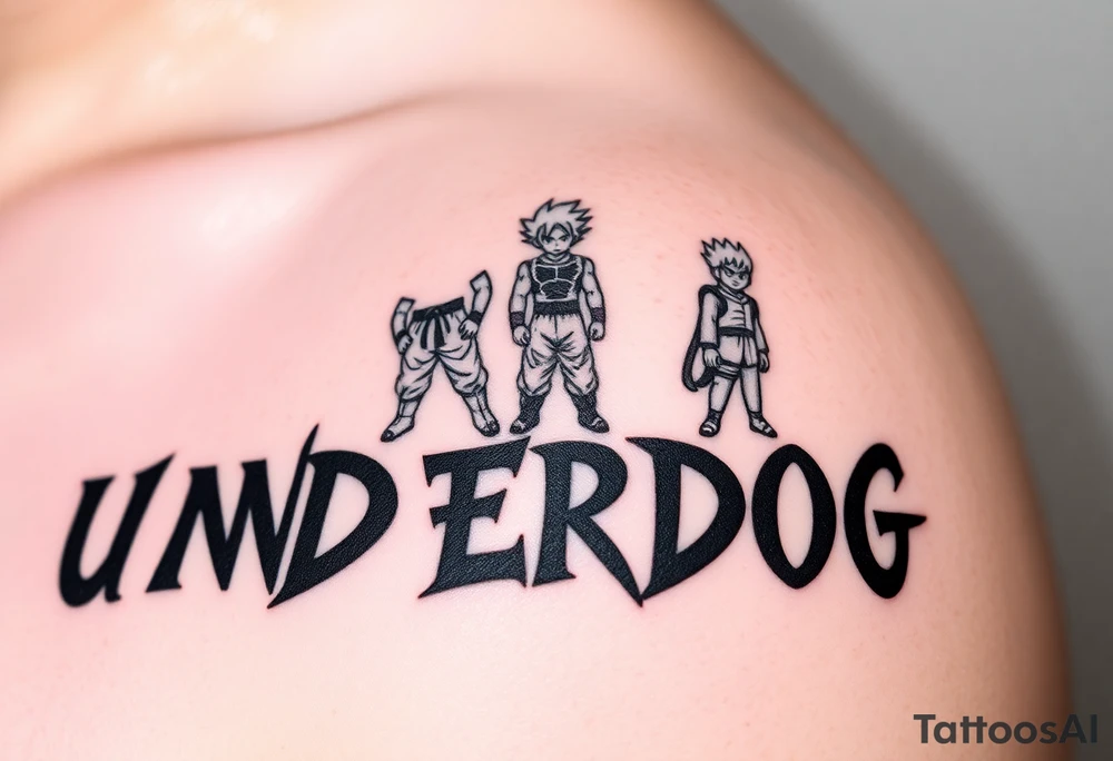 the word underdog in a with 3 anime characters Goku  and Naruto and ippo the boxig anime one standing in the middle one standing on the right and one standing on the left
 above the word tattoo idea