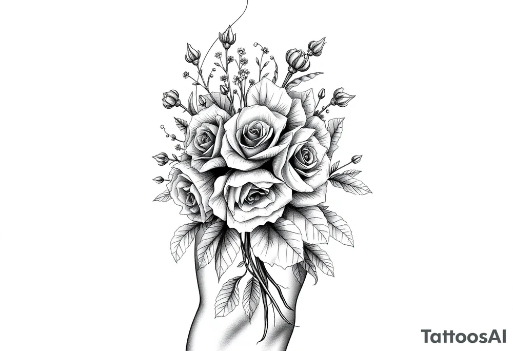 vintage bouquet of wild roses and meadow flowers with morning dew tattoo idea