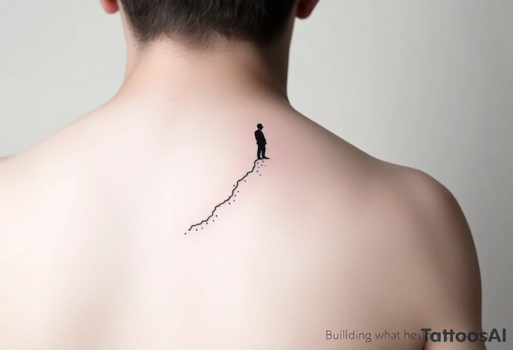 Minimalist black-ink forearm tattoo symbolizing father and son, legacy, and continuation of unfinished dreams. A single rising line starts fragmented at the bottom (father’s unfinished work) and grows solid as it ascends (son carrying the legacy). Fine particle-like lines flow upward along the path, representing the father’s guidance. Subtle abstract outline of father watching over the line at the top. Include Roman numerals VI·IV·MMXXIII and optionally “Building what he couldn’t”. Vertical forearm layout, minimalistic, clean fine-line style, emotionally powerful, black-ink only. tattoo idea