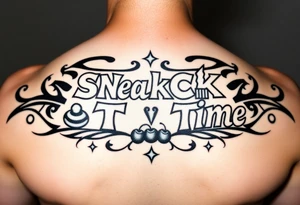 Pretty letters with lots of swooshes saying snack time with cupcakes, cherries and stars tattoo idea