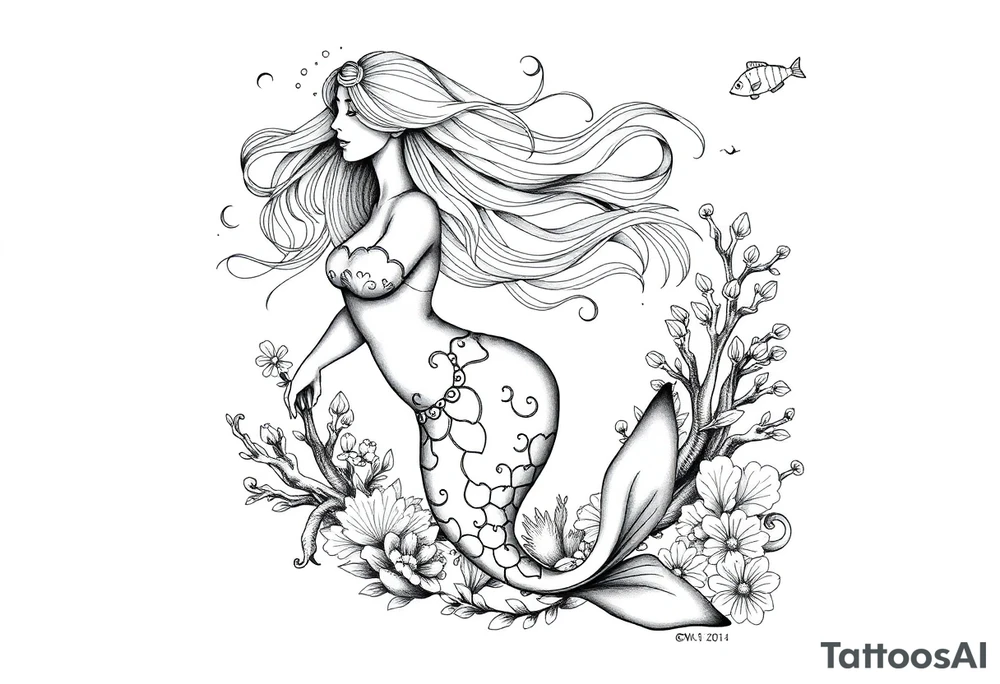 ethereal mermaid with flowing hair among coral reef and small fish tattoo idea