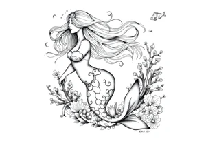 ethereal mermaid with flowing hair among coral reef and small fish tattoo idea