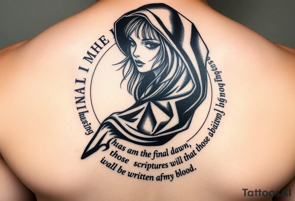 Gothic girl with a cape on in demi light circled around with these lyrics " I am the final dawn I am the flood and what was missing from those scriptures will be written in my blood" tattoo idea