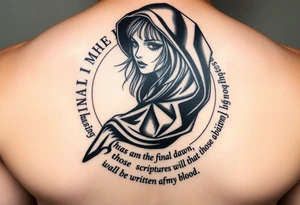 Gothic girl with a cape on in demi light circled around with these lyrics " I am the final dawn I am the flood and what was missing from those scriptures will be written in my blood" tattoo idea