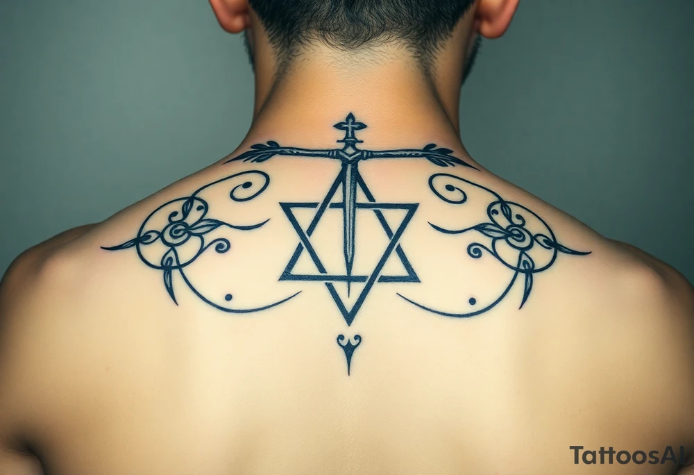 minimalistic, sagittarius, jupiter symbol, sacred geometry, runes for, Good luck and fortune, success, grace, youth, protection from evil magic, protection, safe travels, energy, divine, energy, wisdom, prosperity, love, beauty, color black, david star, GOD's name in hereby tattoo idea