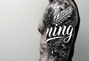 Dunning, Details include on left arm, name in white color,angel wing, wet jungle leaves,cool font, galaxy background filling, tattoo idea