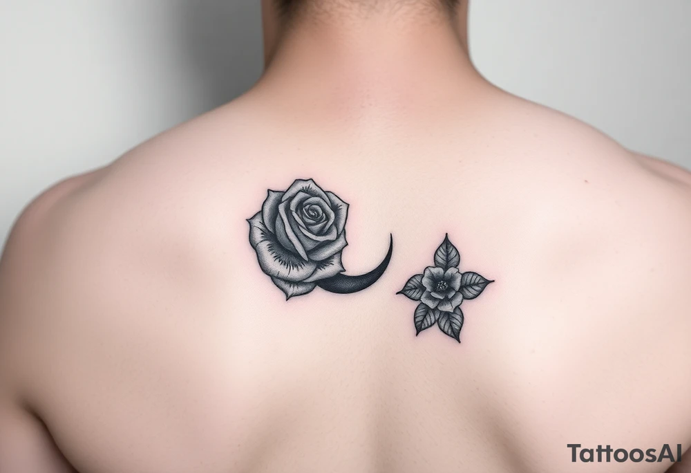 I have a small crescent moon tattoo. I want to cover it up with a rose tattoo. So I would like a rose tattoo with a crescent moon incorporated into it. I want the petal to be the moon shaped. The third one is the best, but can you clean it up? tattoo idea