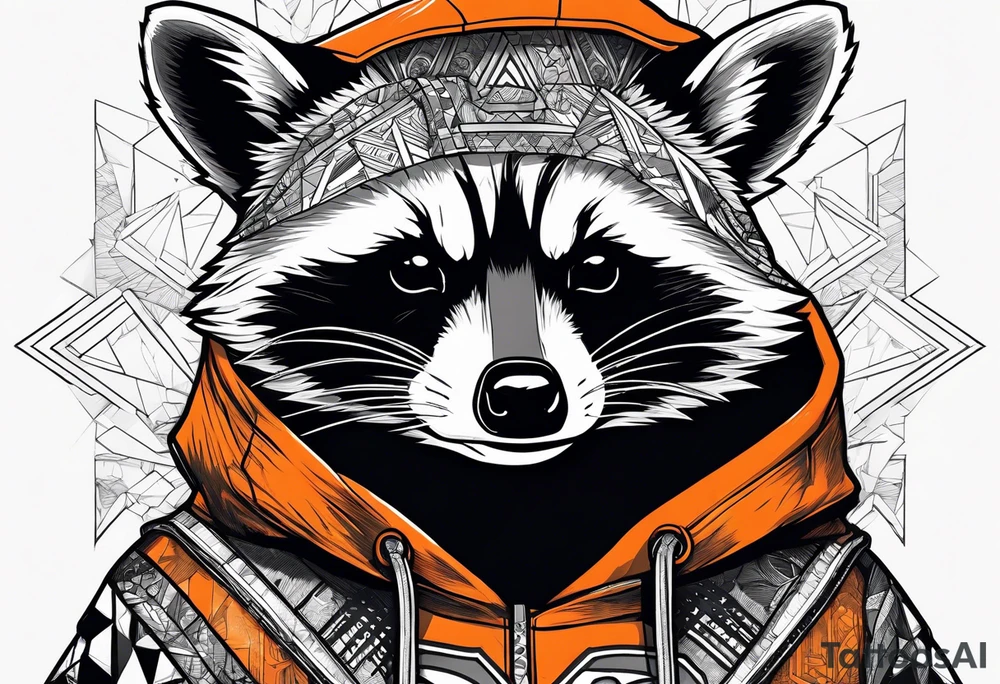 Raccoon wearing an orange Superman hoodie tattoo idea