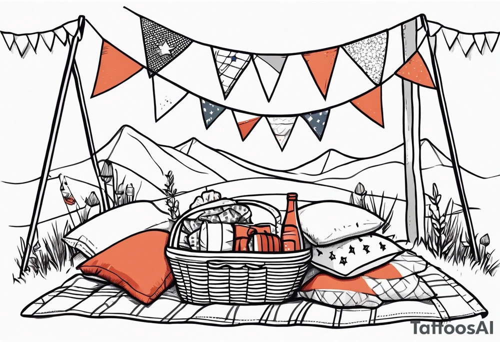 picnic scene with a sheckers blanket, basket, pillows and party pennants. Thin lines. tattoo idea