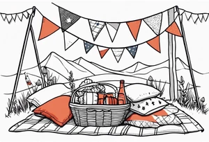 picnic scene with a sheckers blanket, basket, pillows and party pennants. Thin lines. tattoo idea
