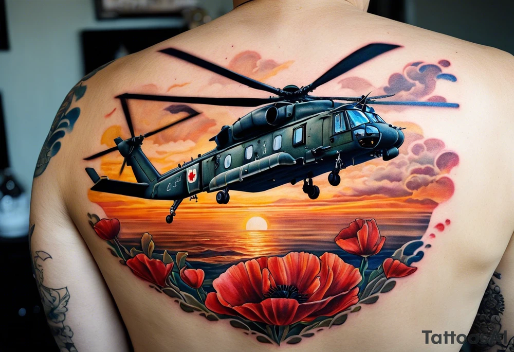 A cinematic-style tattoo depicting a Canadian military CH-148 Cyclone helicopter performing a daring maneuver over a turbulent ocean. The sky should be filled with dramatic clouds, and the sun should be setting, casting long shadows. The helicopter should be the main focus, with intricate details and a sense of motion. In the background, a poppy should be prominently displayed, and a quote from 'Lest We Forget' should be included, black and white tattoo tattoo idea