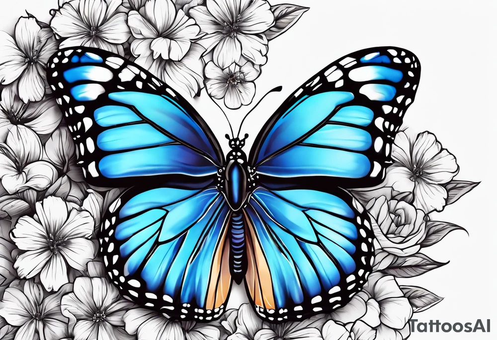 blue monarch butterfly on a line of flowers tattoo idea