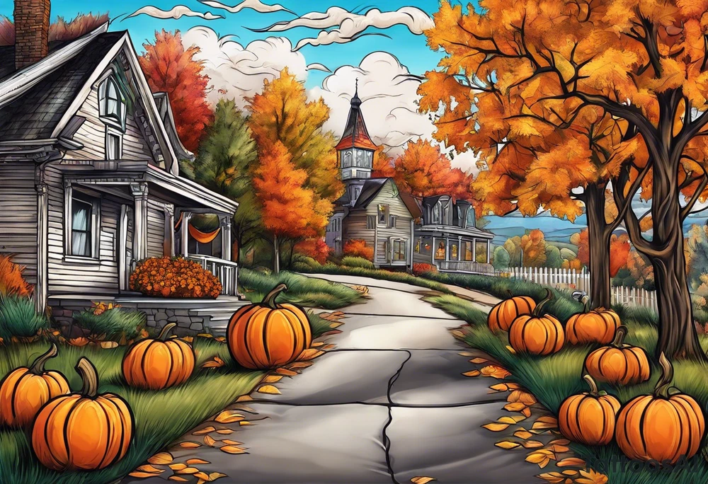 Midwestern street in fall with Halloween pumpkin tattoo idea