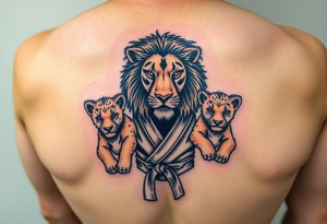 Lion wearing a Brazilian jiu jitsu gi as a person would along side his two cubs who are wearing the same attire. The surrounding area is the sarenghetti tattoo idea