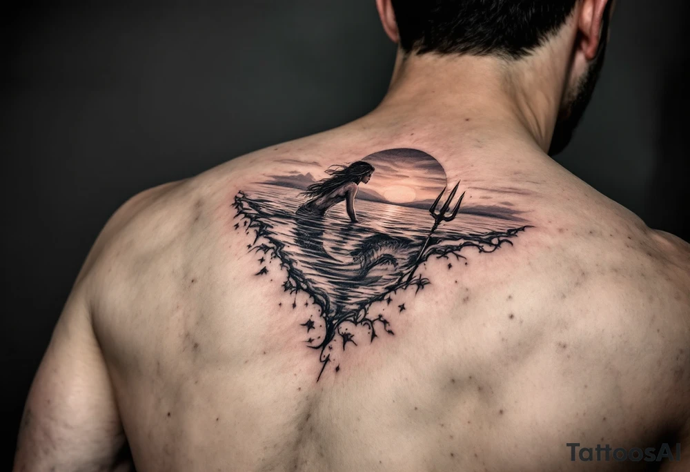 trident half way under calm water with mermaid and sunset tattoo idea