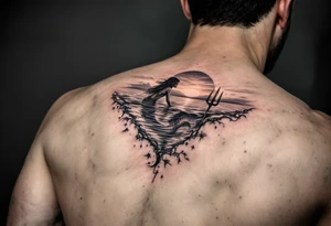trident half way under calm water with mermaid and sunset tattoo idea