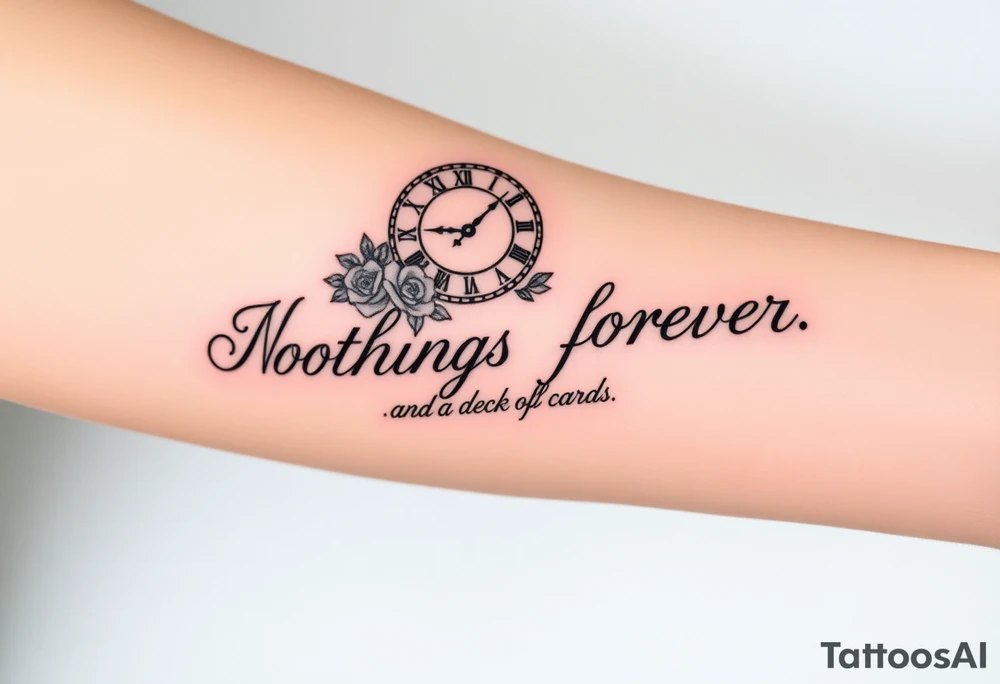 Roman clock with roses and a crown,  a quote that says nothings forever. and on the bottom a deck of cards tattoo idea