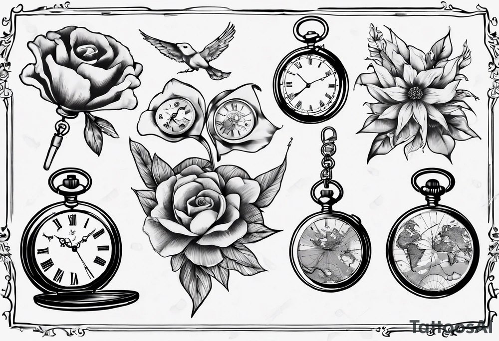 pocket watch, map , flower , bird tattoo idea
