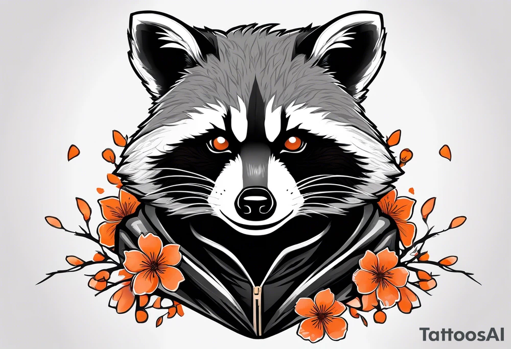 Raccoon wearing a white Superman logo on a black hoodie and orange Japanese cherry blossoms tattoo idea