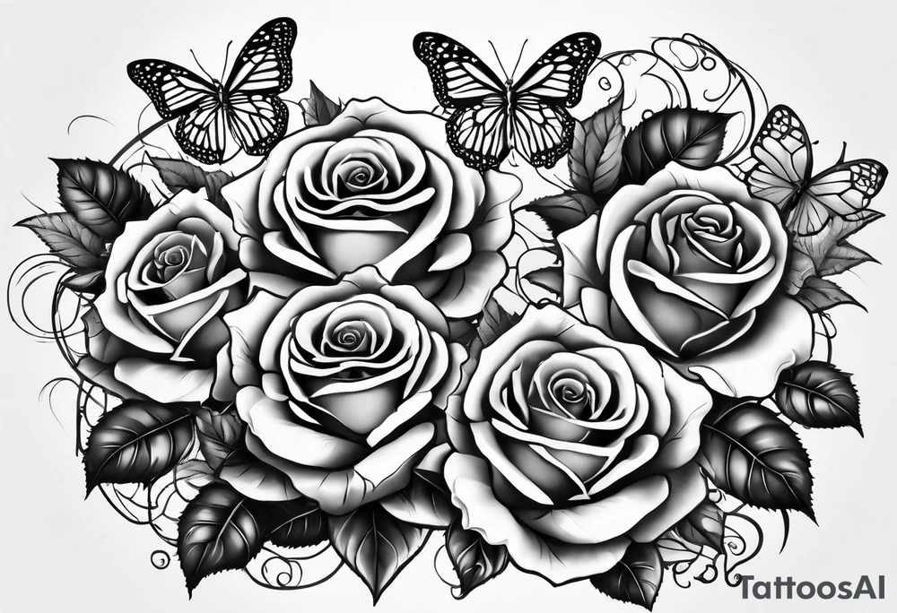 Multiple roses going down a vine with thorns, butterfly wings in the center, spine tattoo tattoo idea