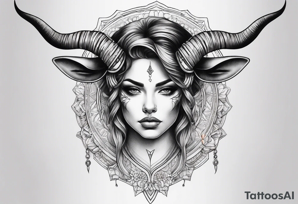 symmetrical woman head with curved horns facing downwards dark realism looking front facing view tattoo idea