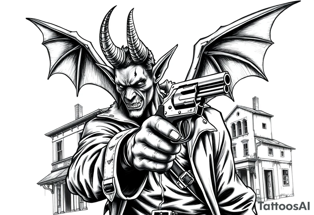 a demon in cowboy-clothing,a gun in a hand,old buildings in the background. tattoo idea