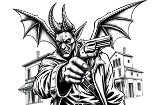 a demon in cowboy-clothing,a gun in a hand,old buildings in the background. tattoo idea