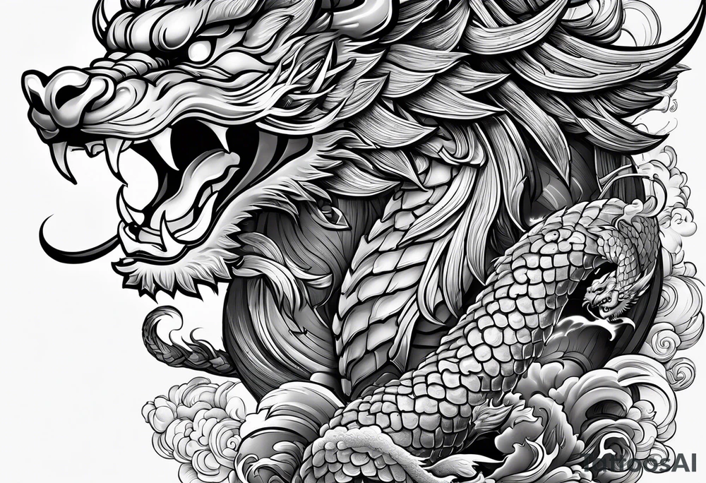 give me an asian gangster style tattoo with a dragon, foo dog on the back and mix it in with a greek style arm sleeve with achilles the greek god tattoo idea