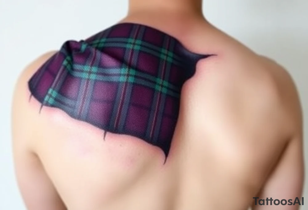 Dark Purple with green pink blue and white highlights tartan fabric with skin around edges peeling and wrapping around side of shoulder tattoo idea